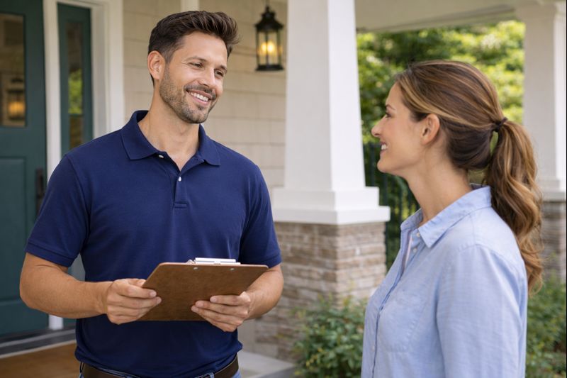 A contractor and homeowner shaking hands at the front of a home.