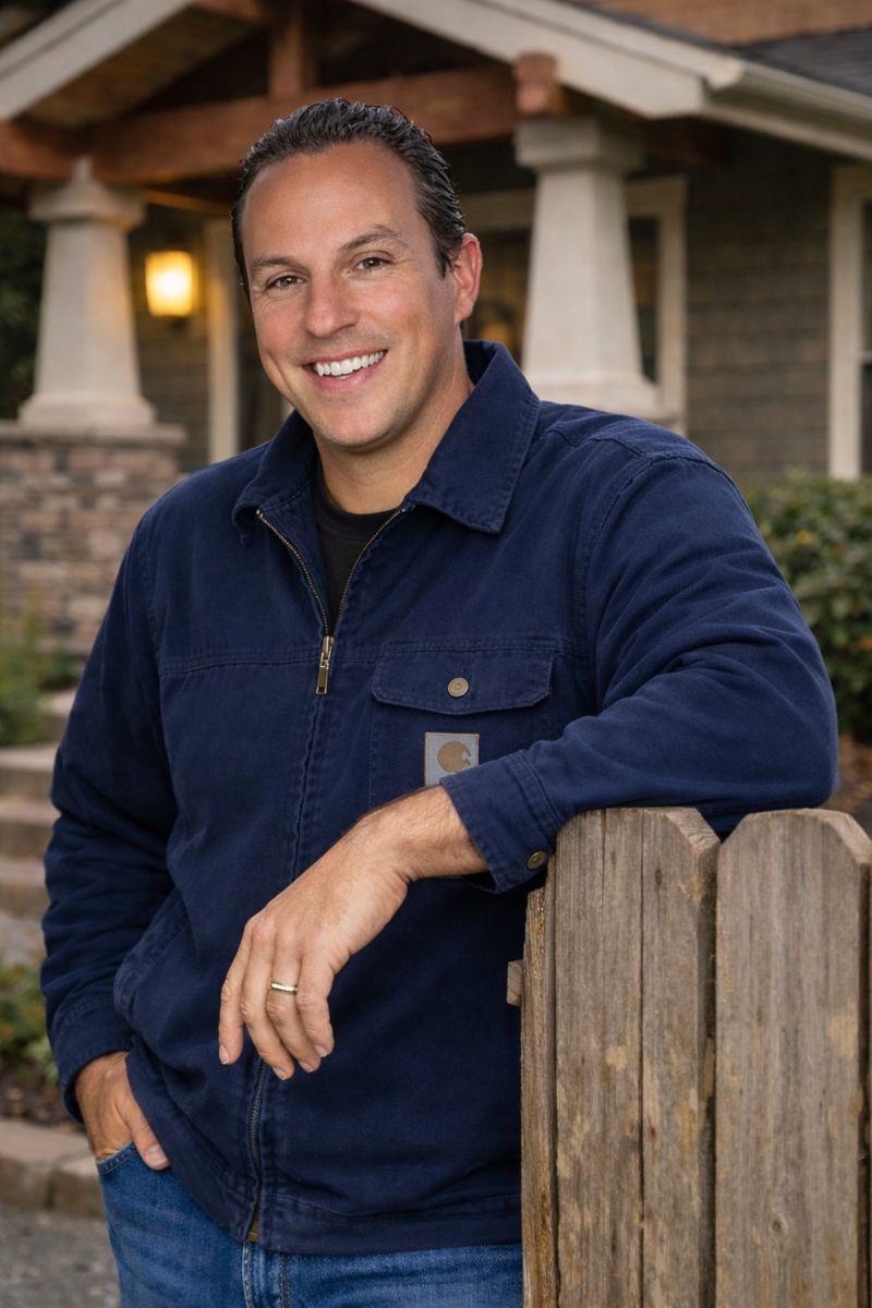 A trusted contractor shaking hands with a homeowner at the front entry of a craftsman-style home.